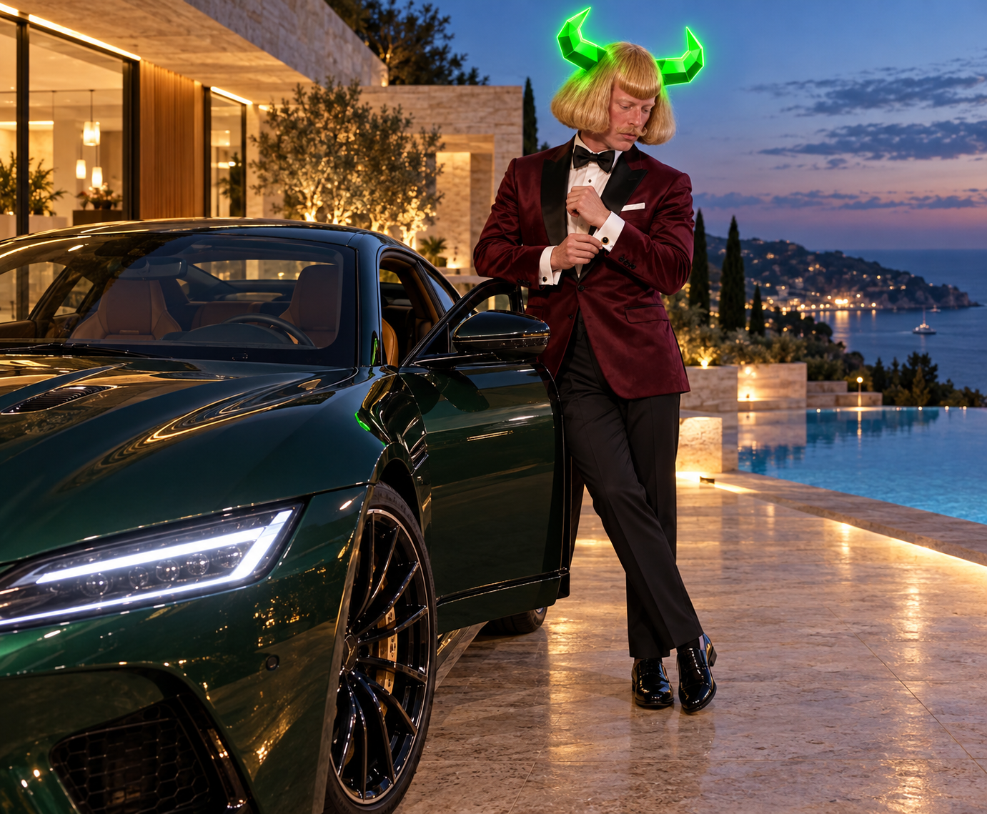 JEANSEM PHIL in a burgundy jacket beside a sports car at a seaside villa